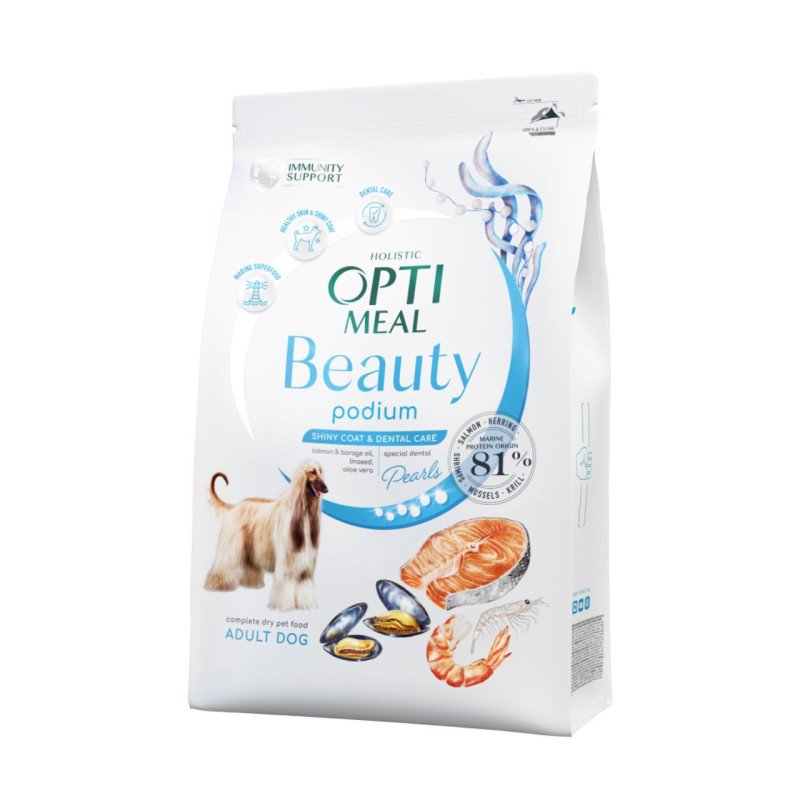 Optimeal™ BEAUTY PODIUM. BLIZGANTIS KAILIS IR SVEIKI DANTYS. Visavertis pašaras visų veislių suaugusiems šunims. Jūrinio maisto super formulė 1,5kg. -