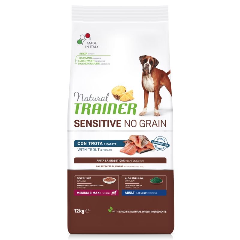 NATURAL TRAINER Sausas šunų maistas  ADULT DOG SENSITIVE NO GRAIN M/M TROUT upėtakis 3kg - 12kg 12 kg