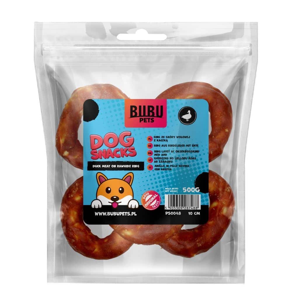 Bubu Pets rawhide ring with duck 10cm – buivolo oda apvynioti antienos mėsos žiedai, 500g