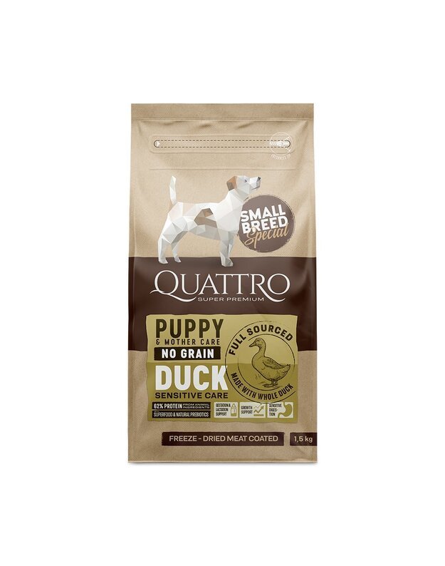 QUATTRO Begrūdis šunų maistas Qattro Small breed Puppy & Mother su antiena 1.5 kg