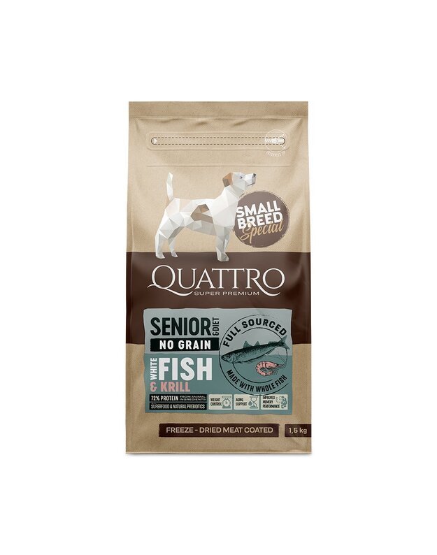 QUATTRO Begrūdis šunų maistas Qattro Small Breed Senior Su balta žuvimi 7 kg