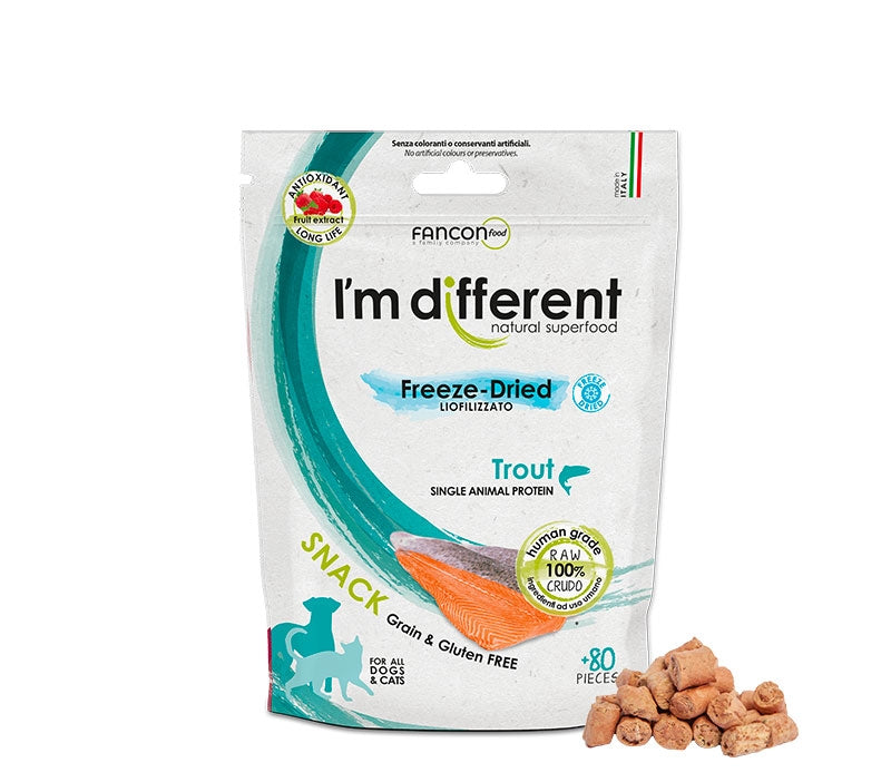 Liofilizuoti upėtakio skanėstai šunims ir katėms "I'm Different"