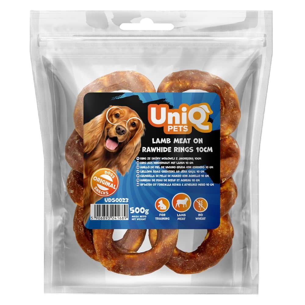 Uniq Pets rawhide ring with lamb 10cm - buivolo oda apvynioti ėrienos mėsos žiedai, 500g