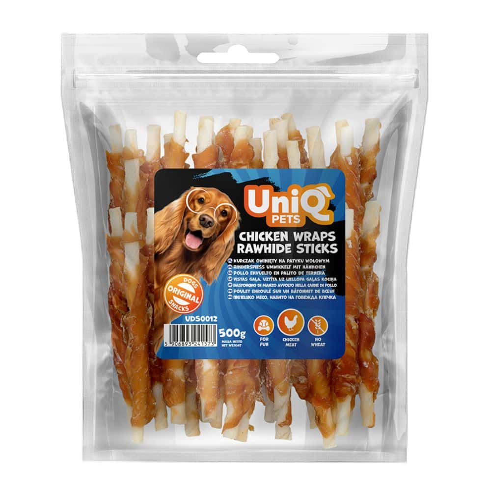 Uniq Pets soft chicken breast on rawhide sticks 500g skanėstas šunims buivolo oda apvyniota vištienos mėsa