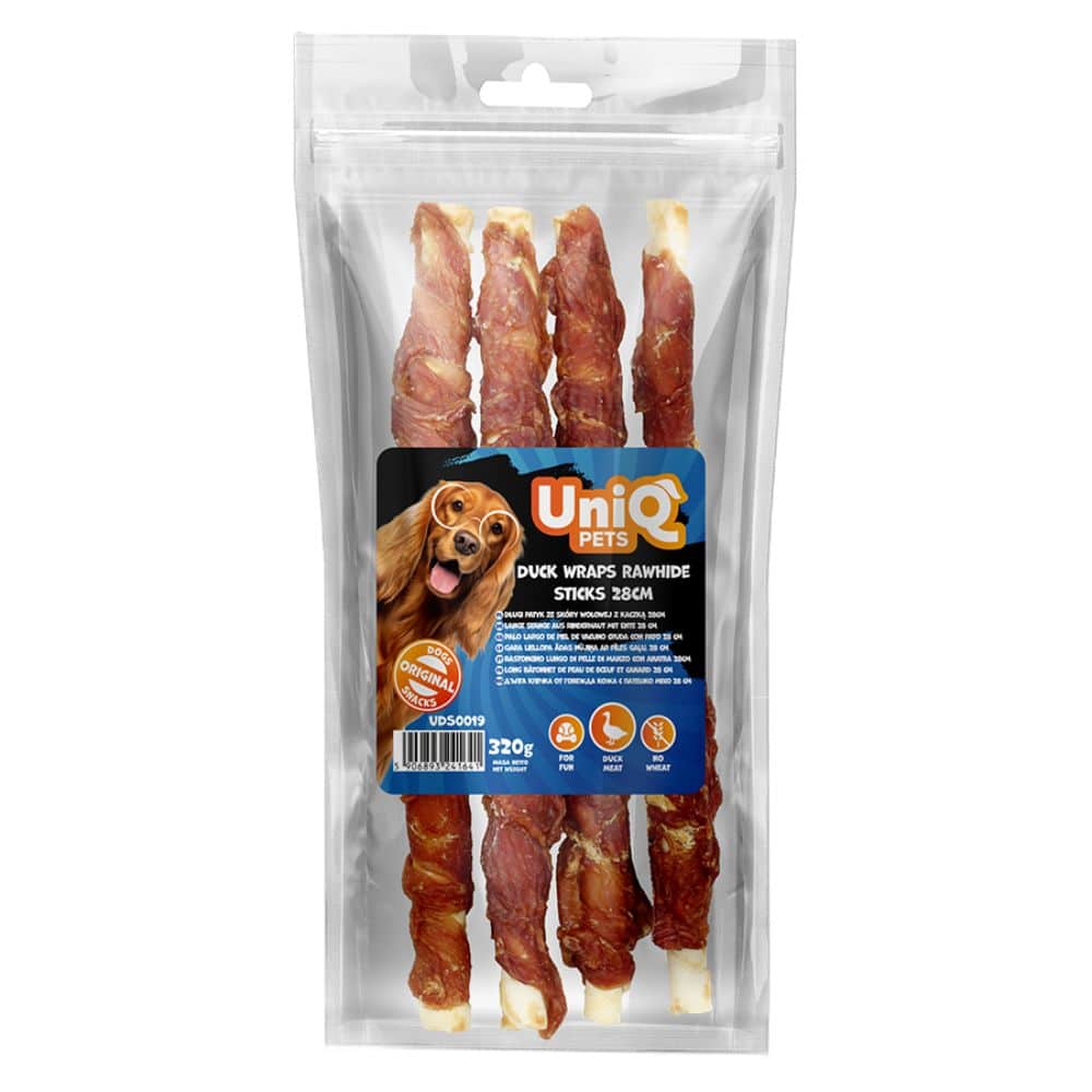 UNIQ PETS Duck wraps 28cm rawhide stick - buivolo odos lazdelės su antienos mėsa , 320g