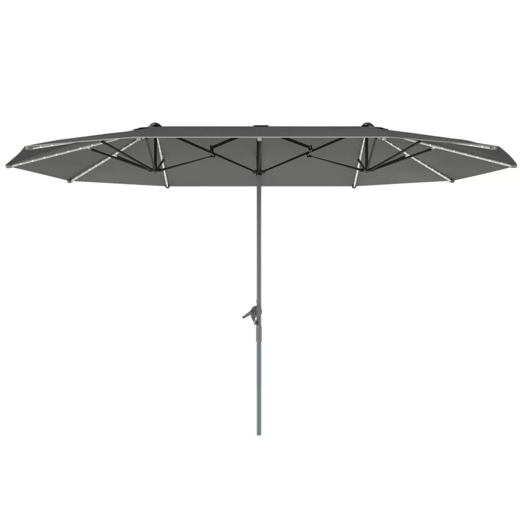 Outsunny dvigubas saulės skėtis su saulės LED lemputėmis 451x267 cm, aliuminis, UV 50+ apsauga, su rankena, balkono skėtis atsparus vėjui, turgavietės skėtis, apsauga nuo saulės paplūdimiui, balkonui, sodui, tamsiai pilkas