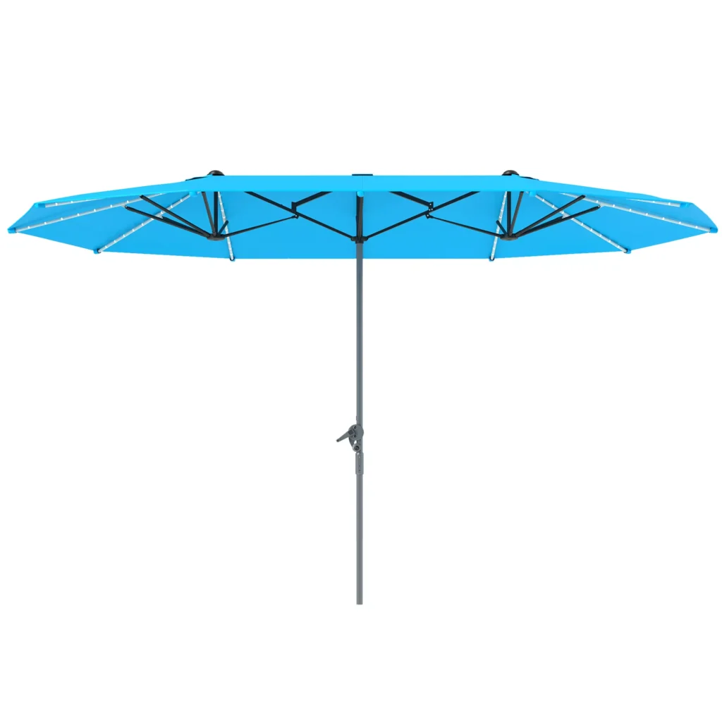 Outsunny Dvigubas Skėtis nuo Saulės su Saulės LED Šviesomis 451x267 cm Aliuminis UV 50+ Skėtis nuo Saulės su Rankena, Atsparus Vėjui Skėtis Balkonui, Skėtis nuo Saulės Paplūdimiui, Balkonui, Sodo, Mėlynas