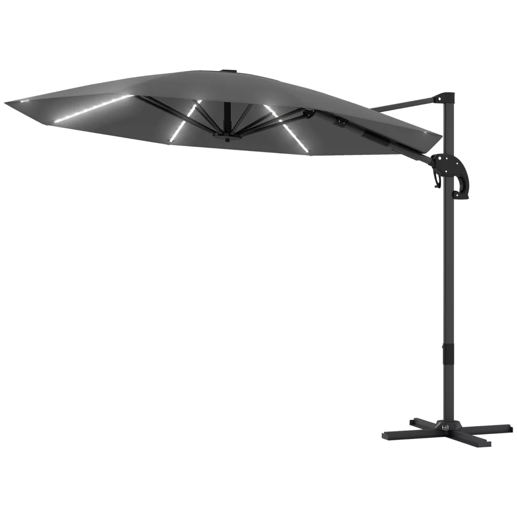 Outsunny konsolinis skėtis nuo saulės LED Solar Ø300cm reguliuojamo aukščio skėtis nuo saulės su rankena, stovu UV50+ atsparus vandeniui 360° besisukantis skėtis nuo saulės palenkiama sodo pavėsinė sodui, balkonui tamsiai pilka