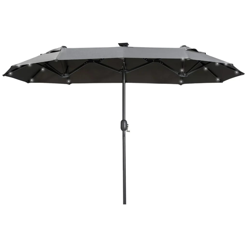 Dvigubas sodo skėtis su LED, reguliuojamu pasvirimo kampu, tamsiai pilkas 295x219cm