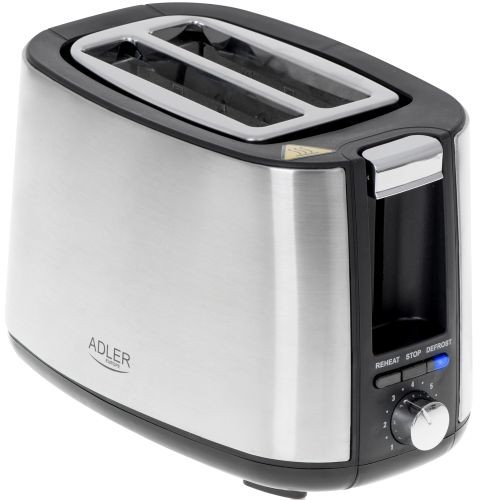 Skrudintuvas Adler Toaster AD 3214 Power 750 W, Number of slots 2, Housing material Stainless steel, Stainless steel/Black