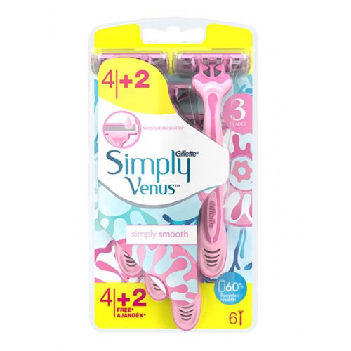 Gillette Simply Venus Disposable Razors Vienkartiniai skustuvai moterims, 6vnt