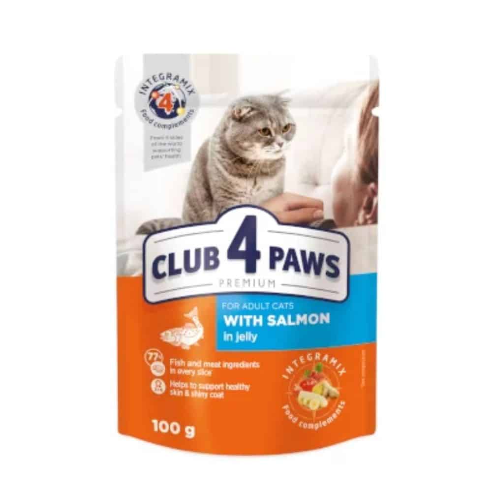 Club 4 Paws konservai katėms su lašiša drebučiuose, 100g * 24vnt.