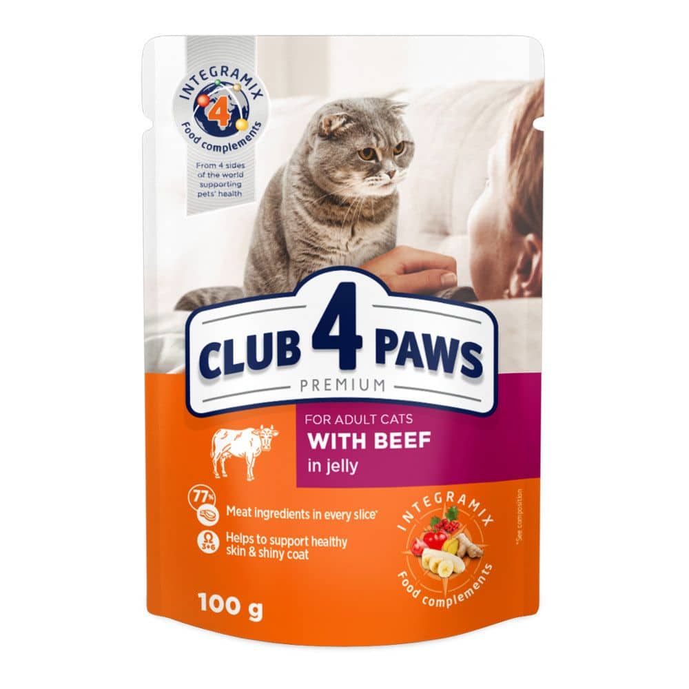 CLUB 4 PAWS Beef Jelly - konservai katėms su jautiena, drebučiuose 100g x 24vnt.