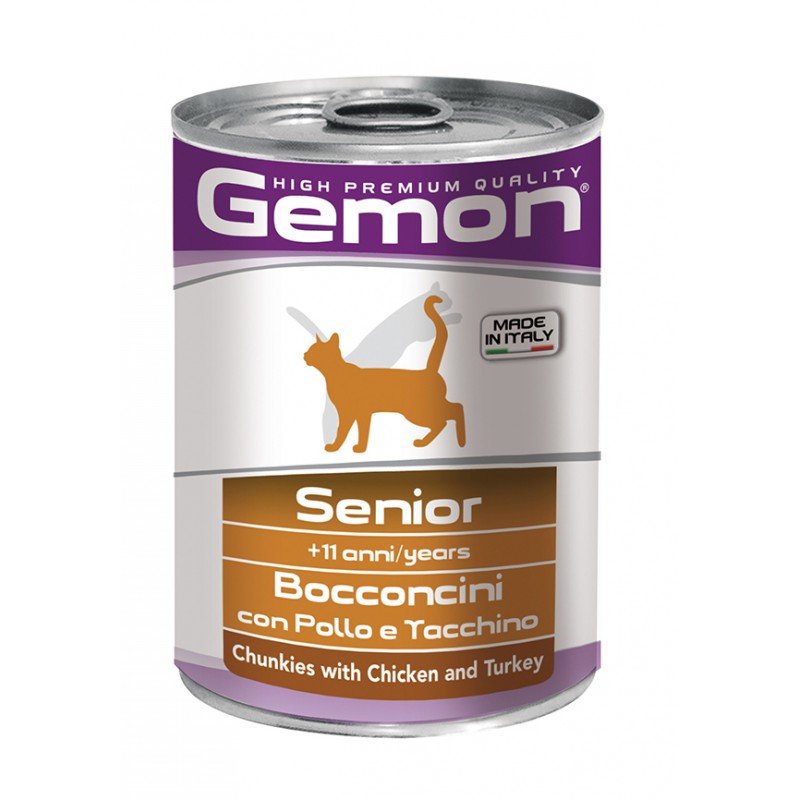 GEMON CAT SENIOR KONSERVUOTAS PAŠARAS KATĖMS NUO 11 METŲ MĖSOS GABALIUKAI. VIŠTIENA IR KALAKUTIENA 415G