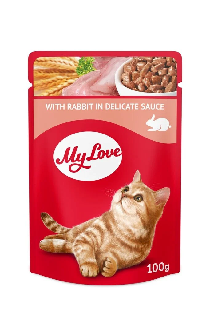 MY LOVE Visavertis konservuotas ėdalas suaugusioms katėms su triušiena švelniame padaže 100g. * 24vnt.