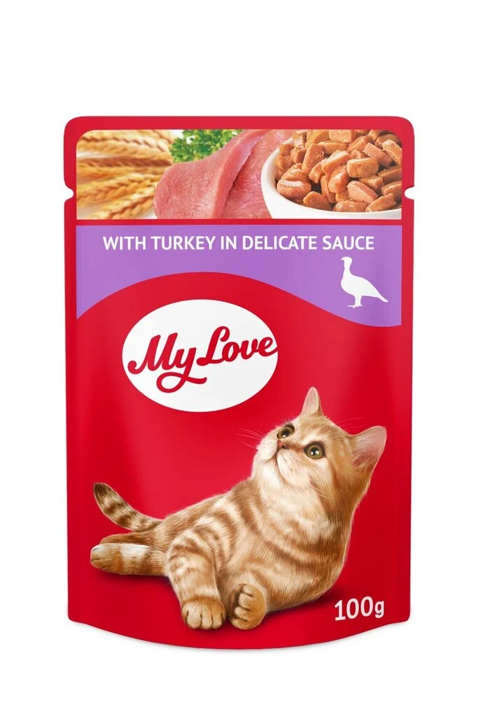 MY LOVE Visavertis konservuotas ėdalas suaugusioms katėms su kalakutiena švelniame padaže 100g. * 24vnt.