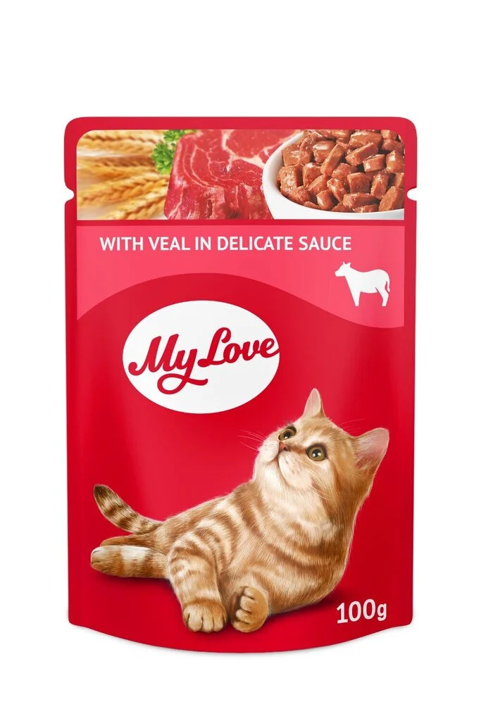 MY LOVE Visavertis konservuotas ėdalas suaugusioms katėms su veršiena švelniame padaže 100g. * 24vnt.
