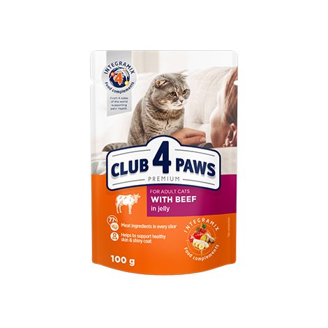 CLUB 4 PAWS PREMIUM "SU JAUTIENA DREBUČIUOSE ". VISAVERTIS KONSERVUOTAS ĖDALAS SUAUGUSIOMS KATĖMS 100g.* 24vnt.