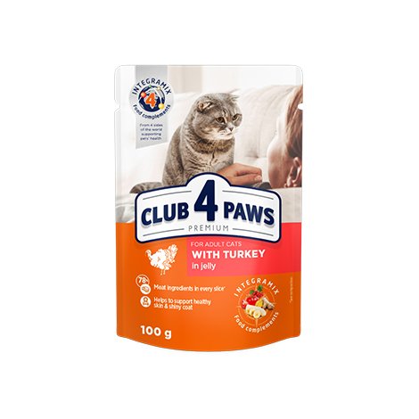CLUB 4 PAWS PREMIUM "SU KALAKUTIENA DREBUČIUOSE". VISAVERTIS KONSERVUOTAS ĖDALAS SUAUGUSIOMS KATĖMS 100g. *24vnt,