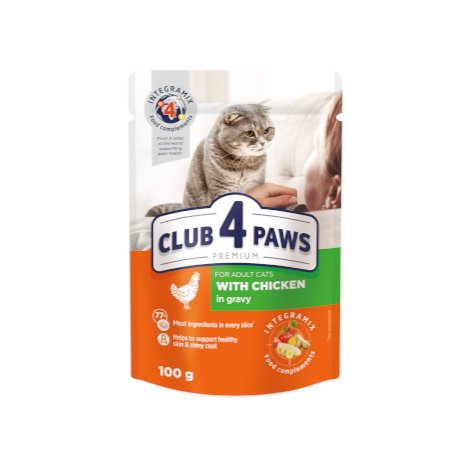 CLUB 4 PAWS PREMIUM "SU VIŠTIENA PADAŽE". PILNAVERTIS DRĖGNI PAŠARAI SUAUGUSIOMS KATĖMS 100g.* 24vnt.