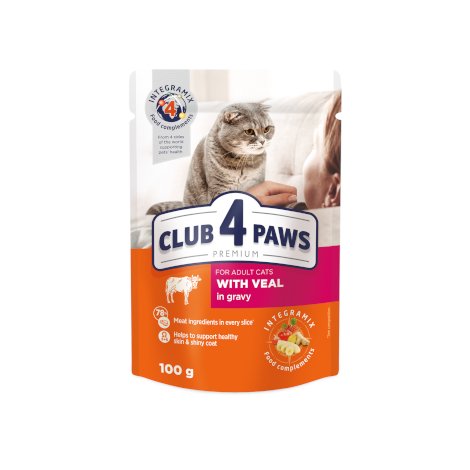 CLUB 4 PAWS PREMIUM "SU VERŠIENA PADAŽE". PILNAVERTIS DRĖGNI PAŠARAI SUAUGUSIOMS KATĖMS 100g.* 24vnt.