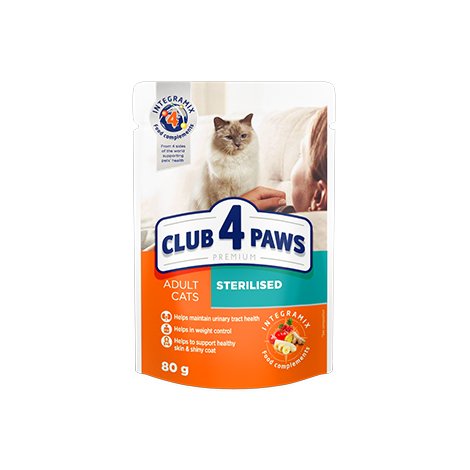 CLUB 4 PAWS PREMIUM "STERILIZUOTI". VISAVERTIS KONSERVUOTAS ĖDALAS SUAUGUSIOMS STERILIZUOTOMS KATĖMS 0,80g.* 24vnt.