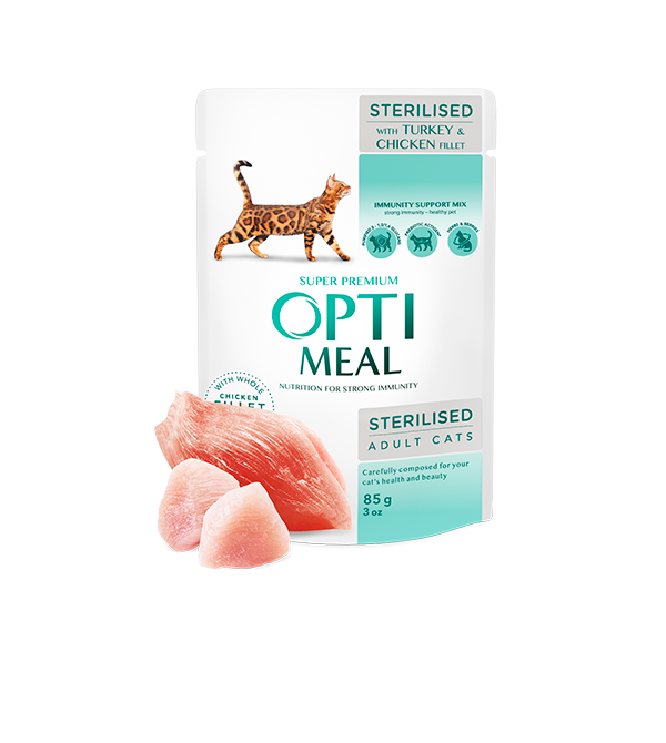 Optimeal™ VISAVERTIS KONSERVUOTAS ĖDALAS STERILIZUOTOMS KATĖMS IR KASTRUOTIEMS KATINAMS SU KALAKUTIENA IR VIŠTIENOS FILĖ PADAŽE 0,85g.*12vnt.