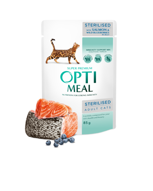Optimeal™ Visavertis konservuotas pašaras sterilizuotoms katėms ir kastruotiems katinams su lašiša ir mėlynėmis drebučiuose 0,85g.