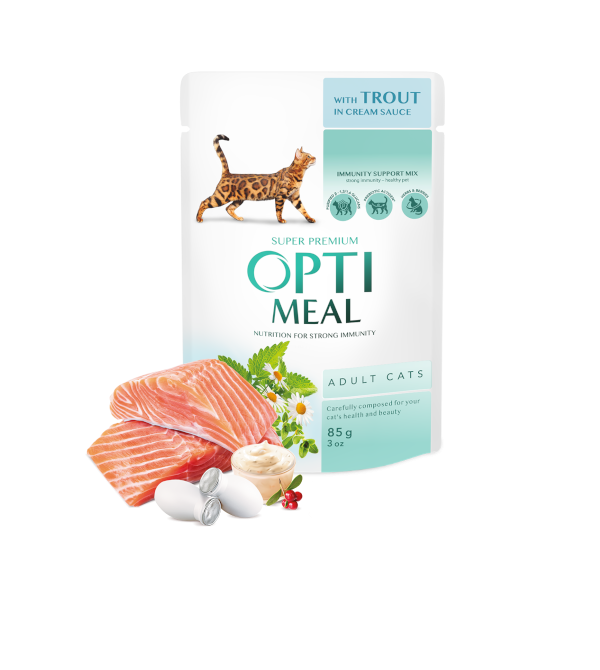 Optimeal™ VISAVERTIS KONSERVUOTAS PAŠARAS SUAUGUSIOMS KATĖMS SU UPĖTAKIU KREMINIAME PADAŽE 0,85g. * 12vnt.