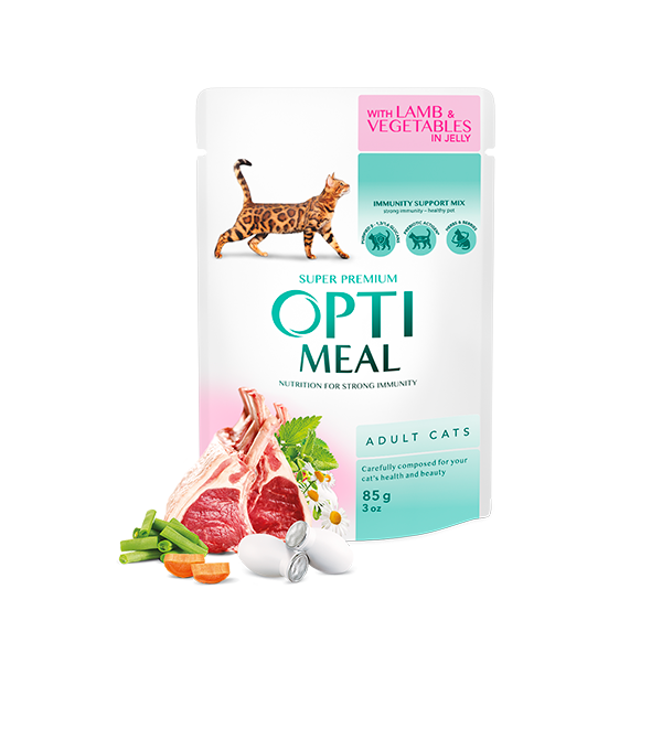 Optimeal™ Visavertis konservuotas ėdalas suaugusioms katėms su ėriena ir daržovėmis želė 0,85g. * 12 vnt.