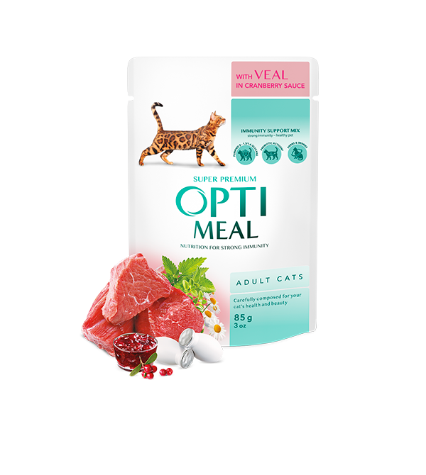 Optimeal™ Visavertis konservuotas ėdalas suaugusioms katėms su veršiena spanguolių padaže 0,85g. * 12vnt.