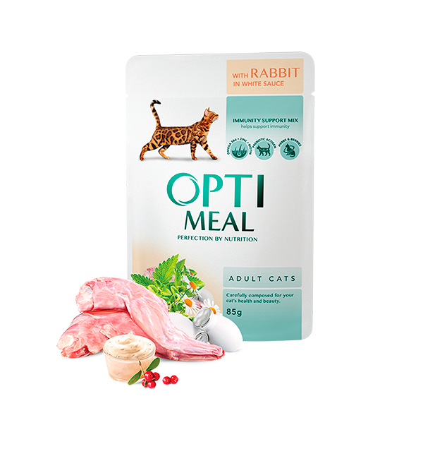 Optimeal™ Visavertis konservuotas ėdalas suaugusioms katėms su trušiena baltame padaže 0,85g.* 12 vnt.