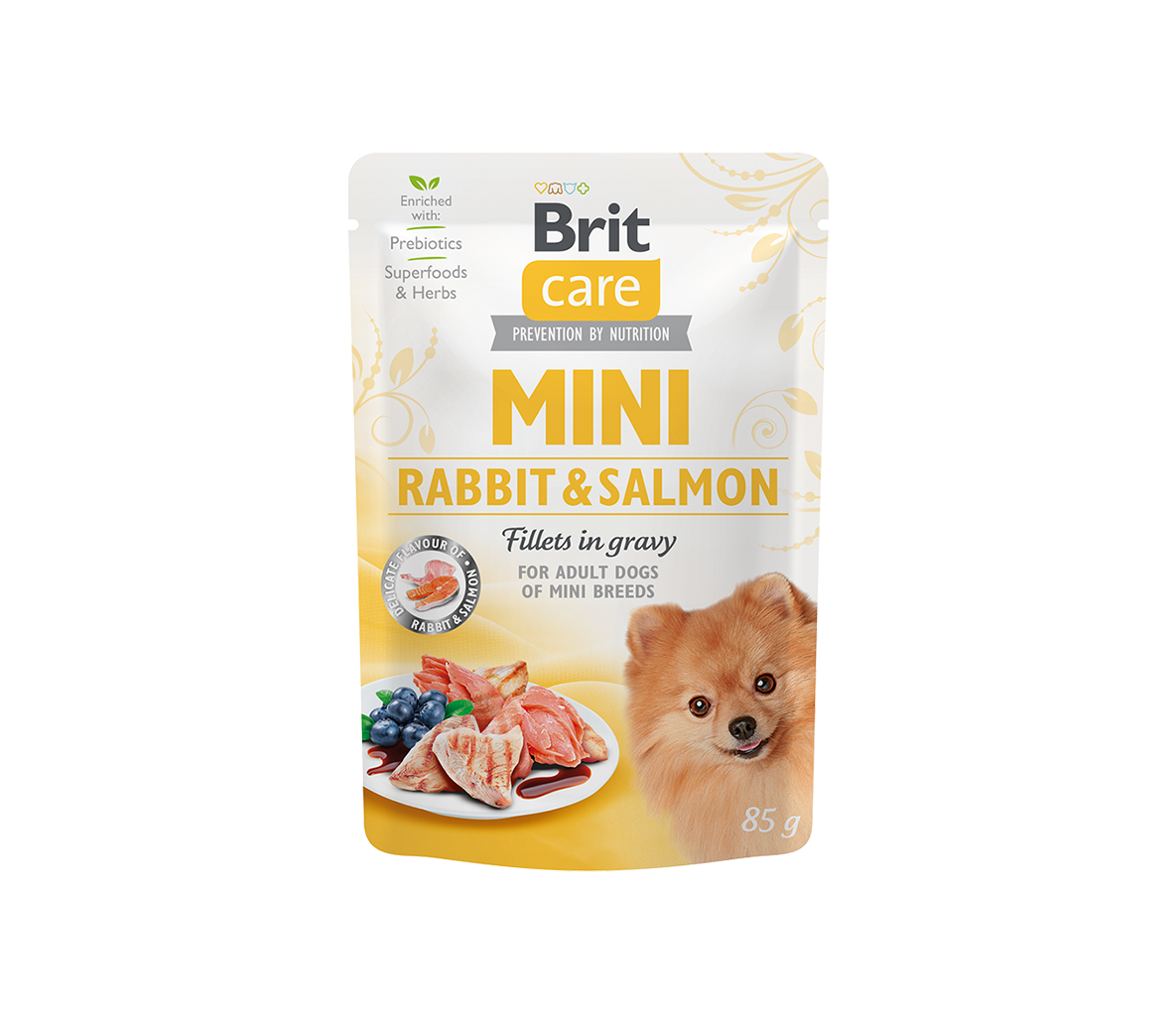 Brit Care Mini Rabbit Salmon fillets in gravy konservai šunims maišeliuose 85g - Produkto Svoris 85g
