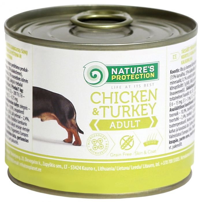 NATURE'S PROTECTION DOG ADULT CHICKEN & TURKEY KONSERVUOTAS PAŠARAS ŠUNIMS 200g