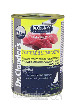 DR. CLAUDER’S DRĖGNAS MAISTAS ŠUNIMS ODAI IR KAILIUI SU KALAKUTIENA IR BULVĖMIS 800g x 6vnt.
