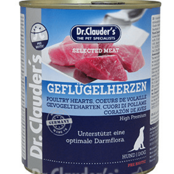 DR. CLAUDER’S DRĖGNAS MAISTAS SU PAUKŠČIŲ ŠIRDELĖMIS IR PREBIOTIKAIS 800g x 6vnt.
