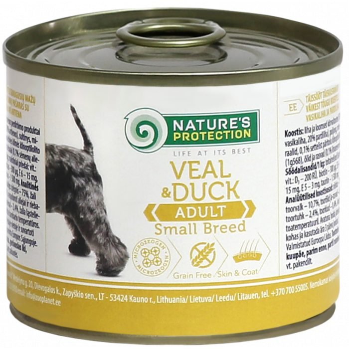 NATURE'S PROTECTION DOG ADULT SMALL BREED VEAL AND DUCK KONSERVUOTAS PAŠARAS ŠUNIMS 200g