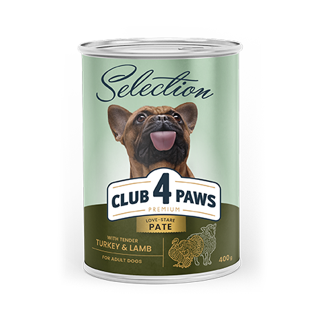 CLUB 4 PAWS Premium. Visavertis konservuotas pašaras suaugusiems šunims „Paštetas su kalakutiena ir ėriena“ 100g.* 24 vnt.