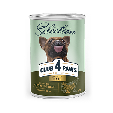 CLUB 4 PAWS Premium. Visavertis konservuotas pašaras suaugusiems šunims „Paštetas su vištiena ir jautiena“ 400g.* 12vnt.
