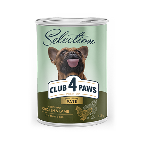 CLUB 4 PAWS Premium. Visavertis konservuotas pašaras suaugusiems šunims „Paštetas su vištiena ir ėriena“ 400g.* 12vnt.