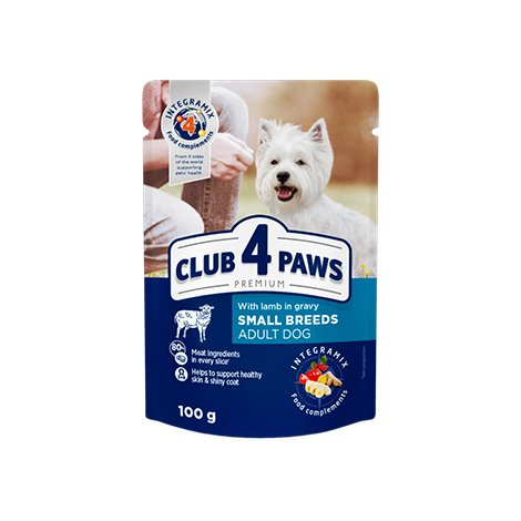 CLUB 4 PAWS PREMIUM "SU ĖRIENA PADAŽE". VISAVERTIS KONSERVUOTAS ĖDALAS SUAUGUSIEMS MAZOMS VEISLEMS ŠUNIMS 100g.* 24 vnt.