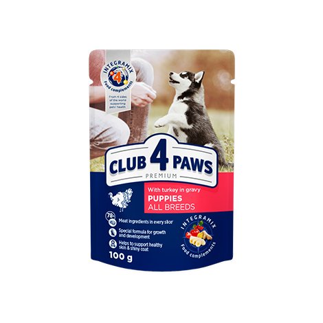 CLUB 4 PAWS PREMIUMAS ŠUNIUKAMS "SU KALAKUTIENA PADAŽE". VISAVERTIS KONSERVUOTAS PAŠARAS 100g.* 24vnt.