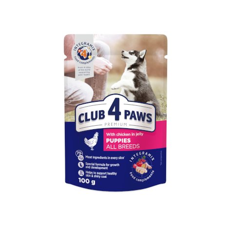 CLUB 4 PAWS PREMIUMAS ŠUNIUKAMS “SU VIŠTIENA DREBUČIUOSE”. PILNAVERTIS DRĖGNI PAŠARAI 100g.* 24vnt.