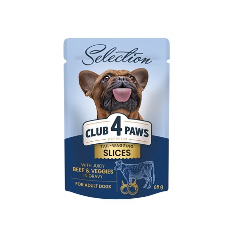 CLUB 4 PAWS PREMIUM PLUS "GABALIUKAI SU JAUTIENA IR DARŽOVĖMIS PADAŽE". VISAVERTIS KONSERVUOTAS PAŠARAS SUAUGUSIEMS MAŽŲ VEISLIŲ ŠUNIMS 0,85g.* 24vnt.