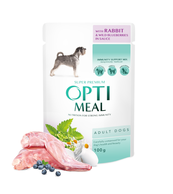 Optimeal™ Visavertis konservuotas pašaras suaugusiems šunims su triušiena ir mėlynėmis padaže 100 g. * 12vnt.