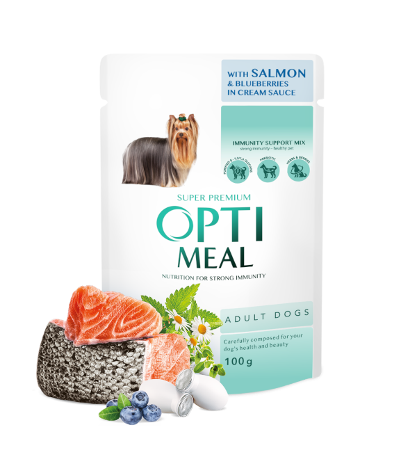 Optimeal ™ Visavertis konservuotas pašaras sterilizuotoms katėms ir kastruotiems katinams su lašiša ir mėlynėmis drebučiuose 100 g. * 12vnt.