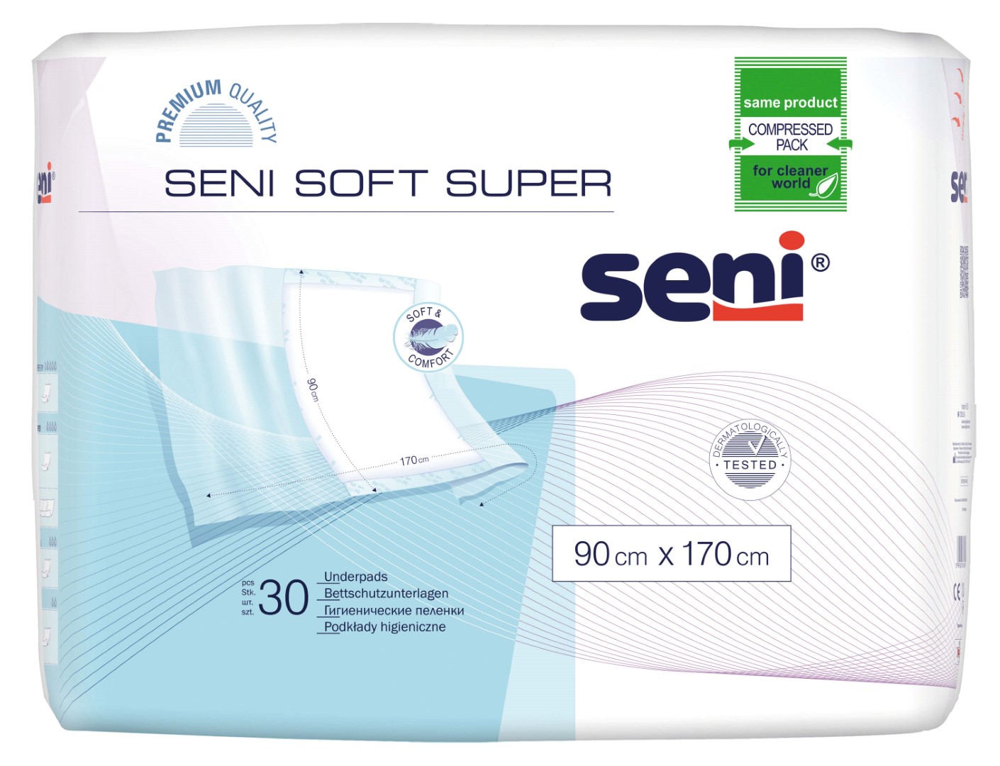 SENI Soft Super higieniniai paklotai 90 cm x 170 cm, su apgaubiančiais kraštais, 30vnt.