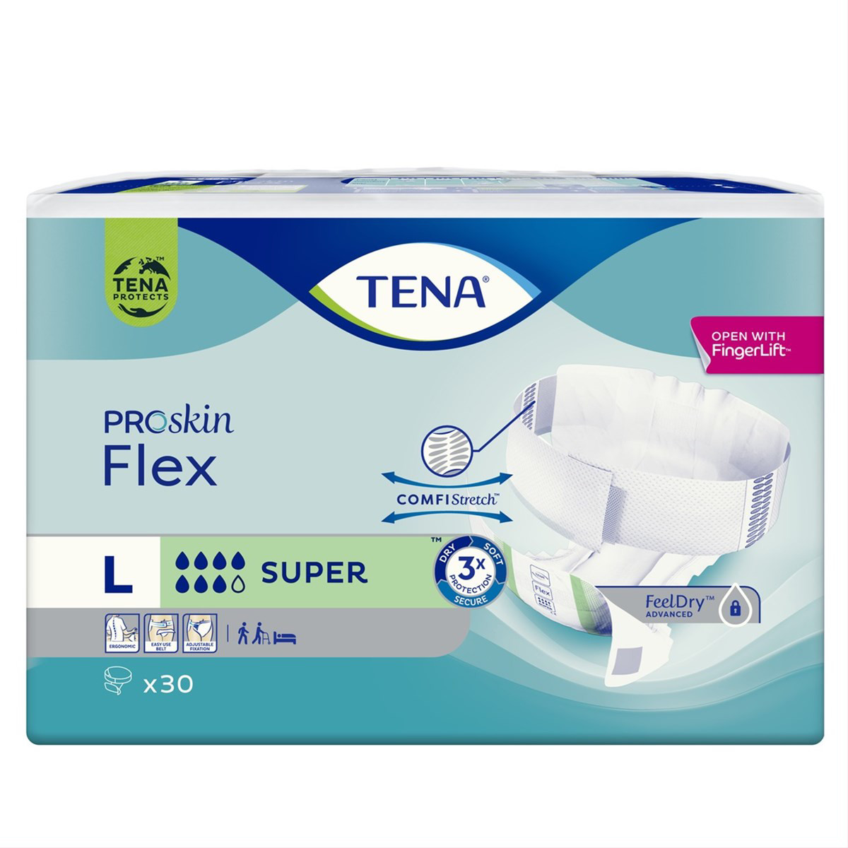 TENA FLEX SUPER, Juostinės sauskelnės šlapimo nelaikymui, L, 30 vnt.
