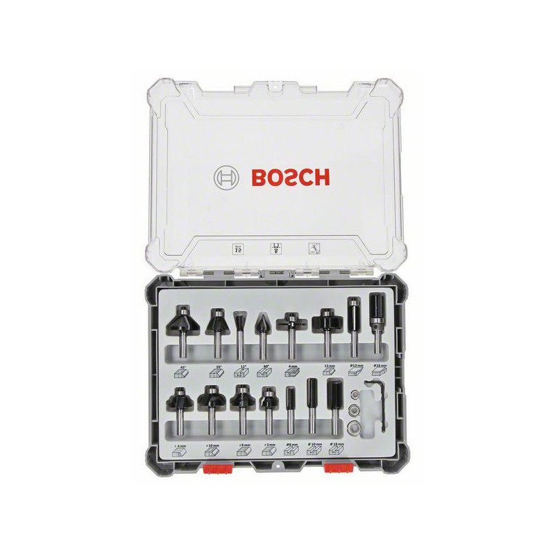 2607017471 BOSCH frezų rinkinys 15vnt. 6 mm RANKENĖLĖ