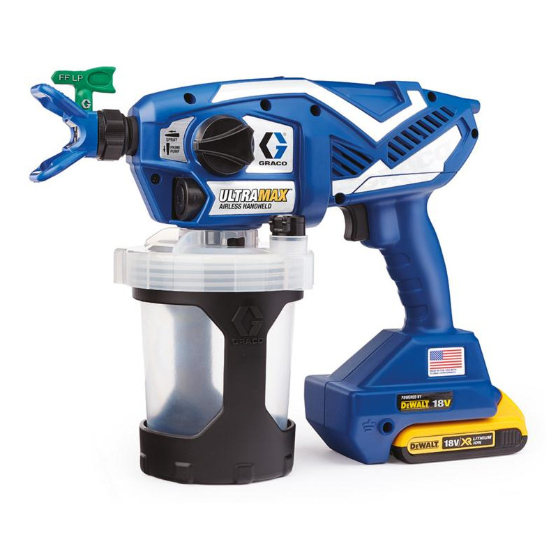 17P258 GRACO ULTRAMAX dažymo pistoletas ( 2 x DEWALT 2AH akumuliatorius + įkroviklis ) + dėklas
